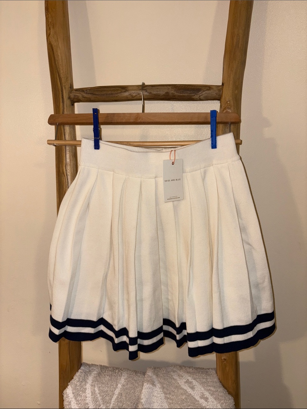 White Pleated Skirt with Navy Stripes